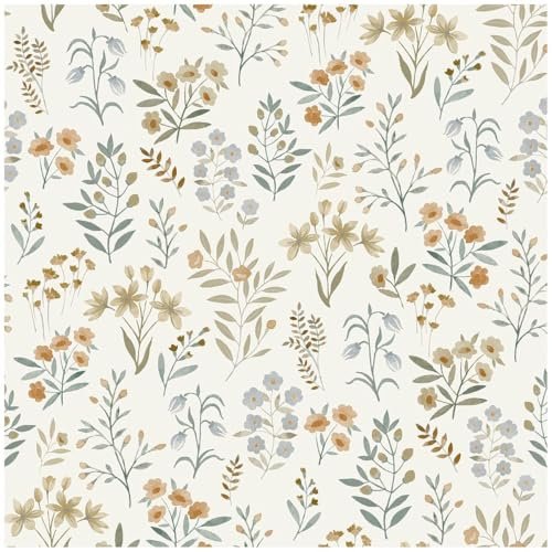 YöL Meadow Floral Wallpaper with Wildflower and Botanical Leaf Design, Soft Neutral Background with Ochre, Sage and Blue Accents, Elegant Feature Wall Décor for Bedroom Nursery Living Room