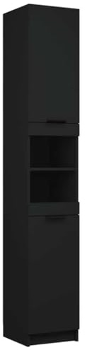 Ezbryzmatic Bathroom Cabinet, Black, 32 x 34 x 188.5 cm, Tall Cupboard Made of Chipboard with 6 Compartments and Door, Moisture Resistant for Bathroom, Lots of Storage, Solid Wood Construction