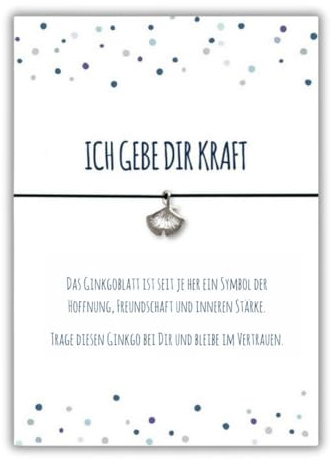 Glücksschmiedin – Spruchkarte „Ich gebe dir Kraft“ mit Wunscharmband & Ginkgo-Anhänger – Mutmacher & Glücksbringer für Herausforderungen – Handgefertigt in Deutschland