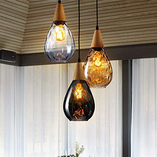 Holz LED Pendelleuchte Antik Glas Schirm Hängelampe Esszimmer Esstisch Lampe, Modern Kronleuchter für Studie Küchen insel Cafe Bar Treppe Loft Deko E27 Deckenbeleuchtung (Amber)