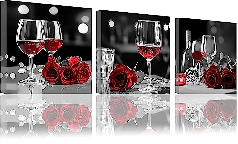 LZIMU Schwarz weißes und rotes Bild auf Leinwand 3 Stück Rotwein mit Rose Leinwandbild romantisches Kunstwerk für Esszimmer Wanddekoration Gerahmt(2, 30x30cmx3 Stück)