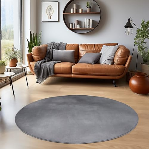 HomebyHome Waschbarer Teppich Rund 160 cm Grau Einfarbig Kurzflor Modern Weich rutschfest Pflegeleicht Maschinenwaschbar für Wohnzimmer Schlafzimmer Esszimmer