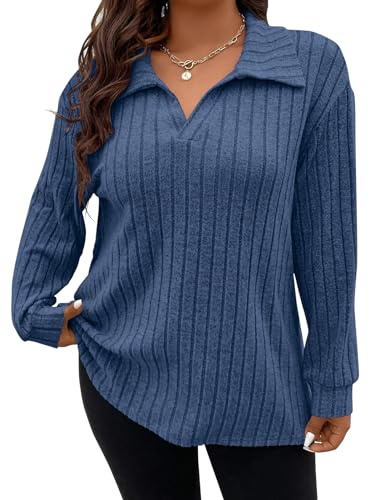 Gemulate Plus Size Long Sleeve Tops for Women Ladies Lightweight Striped Oversized Clothes Sweater Polo v Neck Tshirts Sweatshirts Royal Blue 5XL