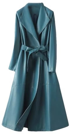 Leder Lange Graben Für Frauen Büro Damen Gekerbt Revers Gürtel Slim Fit Schaffell Jacke Mäntel, seeblau, 42