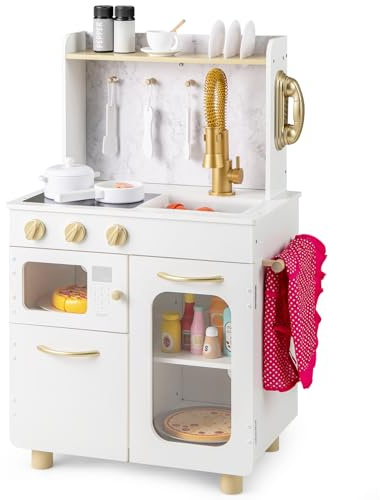 COSTWAY Kids Play Kitchen, Wooden Pretend Toy Kitchen with Stoves, Faucet, Sink, Telephone, Microwave & Oven, Children's Chef Role Play Set for 3+ Years Old Boys Girls