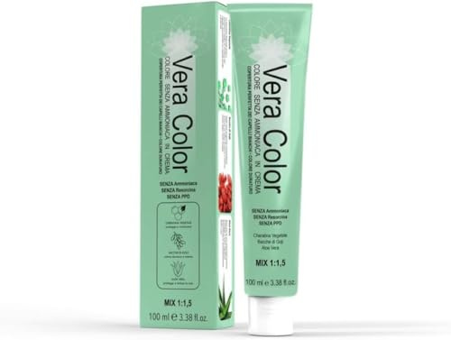 Vera Color - Castano 4 - Colorazione Professionale Long Lasting in Crema Senza ammoniaca con Cheratina Vegetale, Aloe Vera e Bacche di Goji - Copertura Totale dei Capelli Bianchi - 100ml