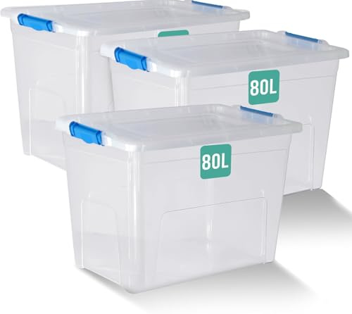 Klass 3 PCS 80L Plastic Storage Boxes With Lids, Clear Large Storage Box