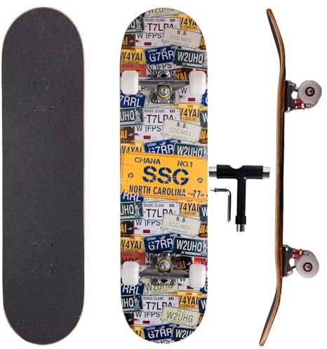 Professional Double Kick Skateboard, 31 inch Maple Deck, ABEC-9 Bearings, 95A PU Wheels, Custom Graphic Design (Plate(T-Tool Included​), 31in)