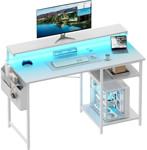 HLONONE Skrivbord, datorbord med LED och bildskärmstativ, PC-bord med 2 hyllor och förvaringsväska för arbetsrum och sovrum, 120 x 48 x 74 cm, stabil metallram, vit