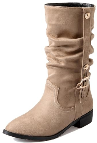 LarDorLin Donna Appuntito a Collo Alto Fibbia Slouchy Stivali da Equitazione Comodo Tacco a Blocco Inverno Warm Equestrian Vintage Beige/DL Numero 34 EU