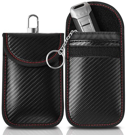 Oumida Keyless Go - Funda protectora para llave de coche, funda de piel de fibra de carbono Faraday, funda para llave con protección RFID con gancho y llavero (línea roja)