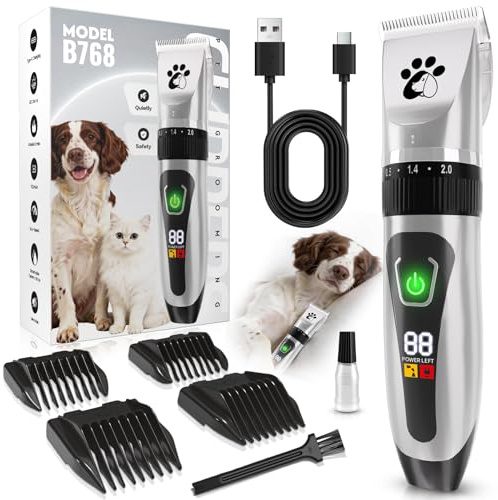 Dog Grooming Clippers, 2-Speed Low Noise Pet Hair Clippers with LED Display, Cordless Dog Shaver with 4 Guide Combs, Professional Electric Trimmer for Dogs Cats
