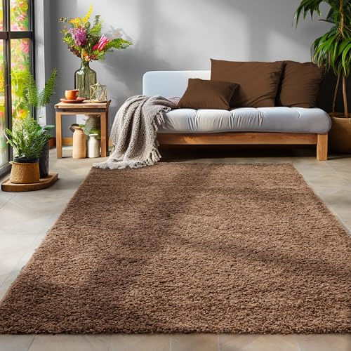 SIMPEX Flauschiger Teppich Wohnzimmer Schlafzimmer Läufer Flur Esszimmer Küchenteppich Hochflor Einfarbig Modernes Design 30 mm Florhöhe Kuschelweich, Braun, 240 x 340 cm