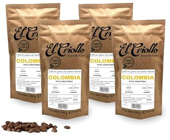 Cafés El Criollo | Origen Colombia | Café en GRANO de Especialidad 1Kg | 100% Arábica | Specialty Coffee 83,5 puntos SCA | Tueste Natural y Artesanal | Finca Pico Cristóbal | Pack 4x250g 1kg