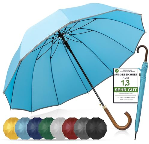 Adriano Porcaro® - Paraguas automático, paraguas de madera con bastón antiviento, refuerzo de fibra de 12 pliegues, grande, estable y resistente al viento, diámetro 115 cm, azul claro, XXL