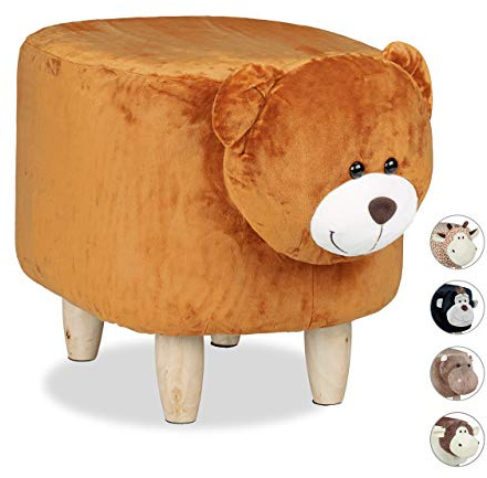 Relaxdays Tierhocker Bär, für Kinder, gepolstert, niedlicher Dekohocker mit Tiermotiv, aus Holz, mit Schonbezug, braun