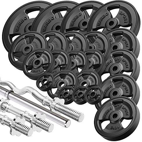 Marbo Sport - Set MW KIER_G Tri-Grip Hantelscheiben aus Gusseisen mit Gummi-Ummantelung, Gewichte mit Aufnahme Ø31 mm, 1 x SZ-Curlstange, 2 x Kurzhantelstange, 1 x Langhantelstange, 172 insg. Kg