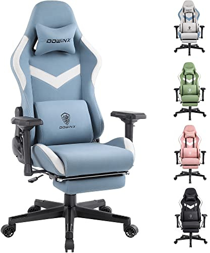 Dowinx Kontorsstol gaming stol tyg, ergonomisk gamingstol, massage gamingfåtölj med fotstöd, nackstöd, massage ländryggskudde, spelstol, snurrstol (himmelsblå)