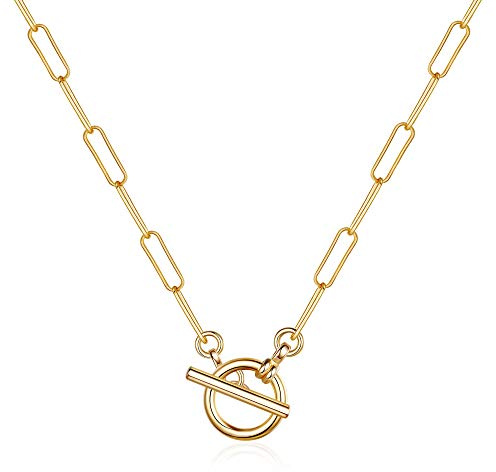 Turandot 14K Gold Plated Paperclip Chain Necklace - Dainty Link with Medallion, Evil Eye, Star, Lightning, Heart, Butterfly, Oval Charms