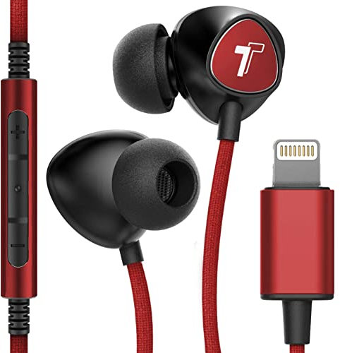 Thore iPhone Earphones (Apple MFi Certified) V110 in Ear Braided Wired Lightning Earbuds (Sweat/Water Resistant) Headphones with Mic/Volume Remote for iPhone 11/12/13 Pro Max - Red