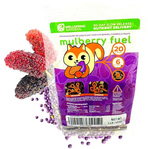Mulberry Fuel Fruit Plant Fertilizer by Wellspring Gardens - Premium Slow-Release Fertilizer for Berries, Cherries, Nuts, and Fruit Trees - Enhances Soil Acidity & Plant Nutrition - 1 Pound (1 lb)