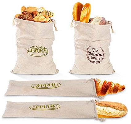 KHBNHJ 4 Pack Linen Bread Bags, Reusable Homemade Bread Storage Bags & Baguette Bread Bags with Drawstring for Picnic Camping Food Storage