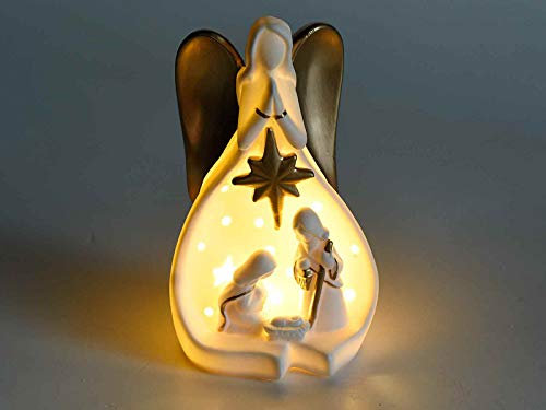 KONTARBOOR - Presepe di Natale, in ceramica bianca e dettagli dorati, con luci LED, 10,5 x 9 x 18 (H)