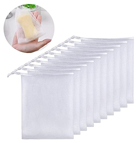 SHULLIN 10 Stycken Tvålpåsar Nylon Tvålnät Väska Natur för Skumning och Torkning av Tväl och Ansiktsrengöring, Peeling Massage