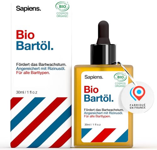 Sapiens Olio per Barba da Uomo, Biologico, 30 ml, Curativo per Barba, Certificato Cosmos, Olio di Ricino, Crescita Capelli