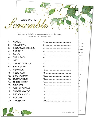 20 x Word Scramble Baby Shower Spiel - Botanicals Design (20 Gästekarten + 1 Karte Antworten für den Gastgeber)