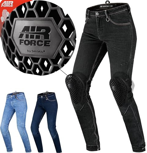 SHIMA DEVON Jeans Moto - Ventilés Élastiques Biker Pantalon Coupe Slim avec Renforts en FiberQL, Protections CE pour les Genoux et les Hanches. (Femme, Noir, 30W / 32L)