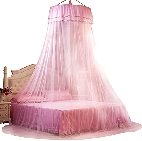 Kuuleyn Moskitonetz, Moskitonetz für Bett, Moskitonetz, Atmungsaktives rundes Baldachin, Spitze, Prinzessinnen-Stil, Moskitonetz, Bettvorhang(Rosa)