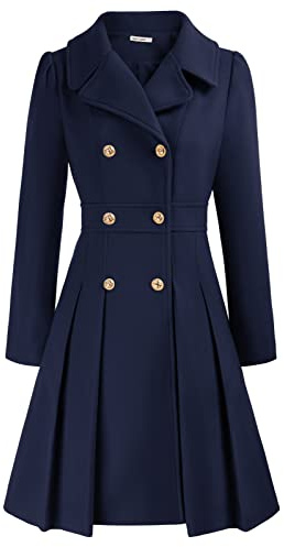 GRACE KARIN Women Swing Double Breasted Pea Coat Autumn Lapel Dress Outwear Dark Blue S