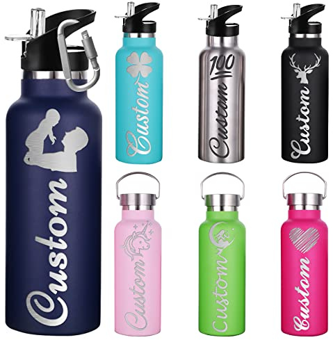 Busparst Bouteilles D'Eau PersonnaliséEs IsoléEs Avec de La Paille Bouteille D'Eau de Sport GravéE Sur Mesure Avec Nom Bouteille D'Eau en Acier Inoxydable PersonnaliséE pour Fille et GarçOn