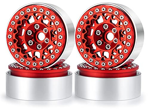 RCLIONS 1.9inch Beadlock Wheels Aluminum Rims for AXIAL SCX10 SCX10 II 90046 SCX10 III AXI03007 TRX4 1/10th RC Crawler Truck Car (Red)