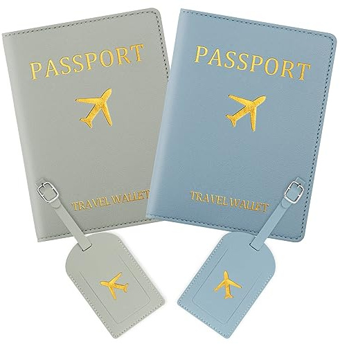 2 x Reisepasshülle und Gepäckanhänger-Sets mit verstellbarem Gurt, Jagowa PU-Leder, Reisezubehör zur Vermeidung von Verlust von Koffer und Rucksack (grau, blau)