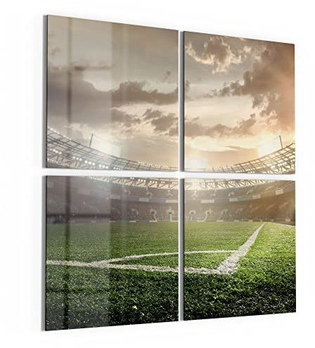DEQORI Glasbilder Acrylglas | Motiv Rasenecke im Stadion | quadratisch 4-teilig 100x100 cm | große XXL Deko | Wandbilder für Wohnzimmer, Schlafzimmer, Flur & Küche | moderne Wanddeko