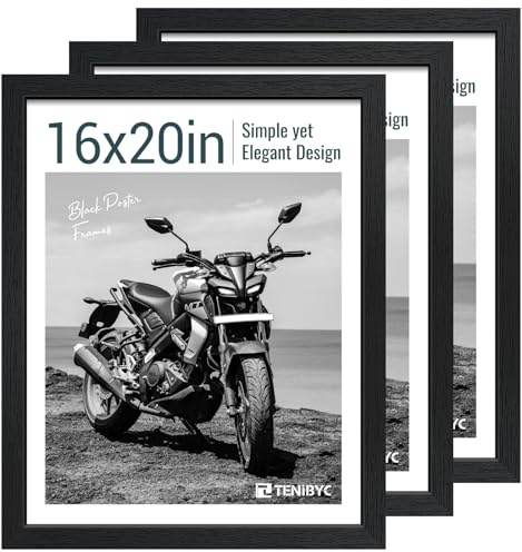 TENIBYC 16x20 Picture Frame Set of 3 - Black Woodgrain, Solid Wood, HD Tempered Glass, Wall Gallery Poster Frame