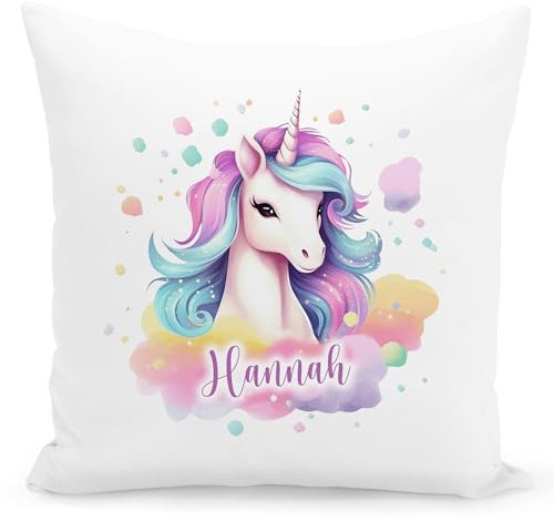 Einhorn Kissen personalisiertes Einhornkissen Kissen mit Namen für Mädchen Kuschelkissen Kinder Dekokissen Kinderzimmer Namenskissen 40x40 cm inkl. Füllung (Aquarell Stil)
