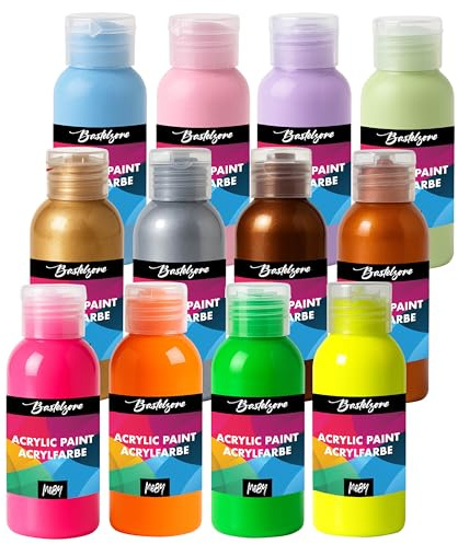 Bastelzone Neon + metallisk + pastellfärgset. 12 färger per 100 ml. Akrylfärger för barn och vuxna. Lämplig för papper, duk, trä, sten, pouring