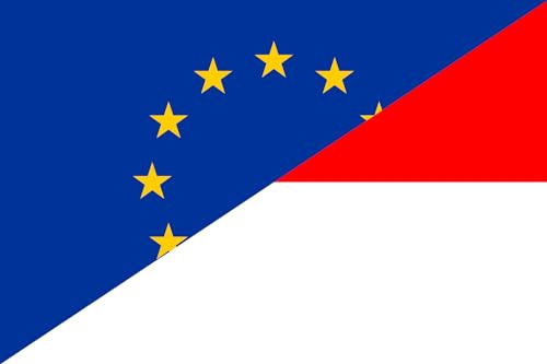 magFlags Bandiera Large Europe and Indonesia | English A combination of the flags of Europe and Indonesia | bandiera paesaggio | 1.35 m² | 90x150cm