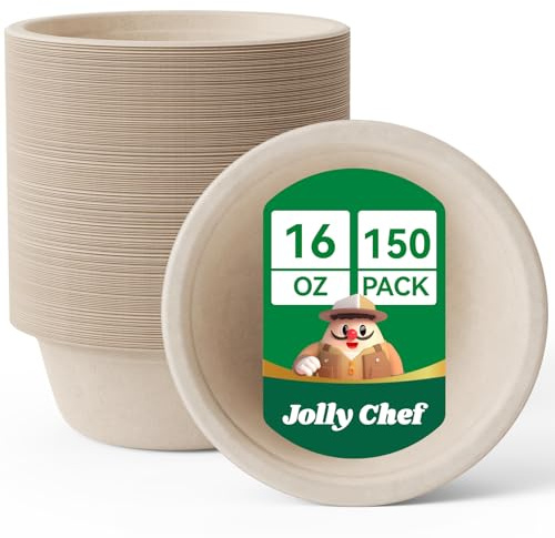 JOLLY CHEF Compostable Disposable Paper Bowls [16 oz] Heavy Duty Soup Uncoated Containers [150 Pack] Biodegradable Bagasse Hot Cold Eco-Friendly Natural Sugarcane Microwavable for Dessert Christmas
