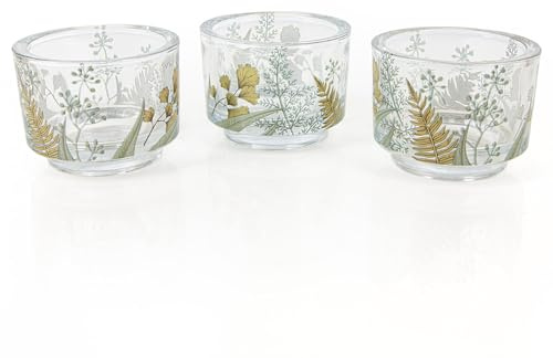 Logbuch-Verlag 3 Teelichthalter Glas Kerzenhalter Blätter-Motiv grün Ginkgo Farn Hochzeit Tischdekoration 7 x 9 cm Garten Deko exotisch