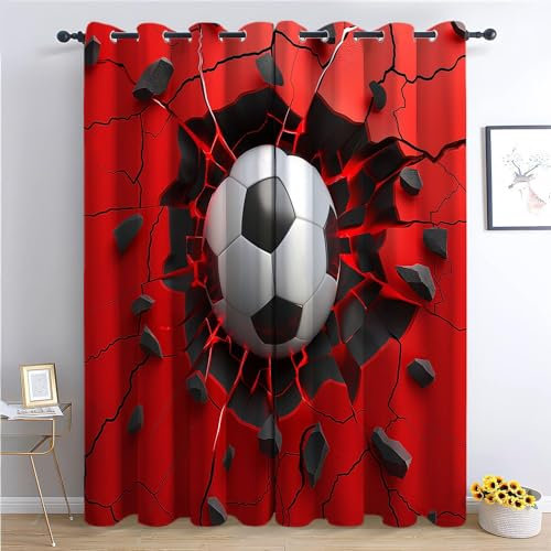 CozyRest Eyelet Blackout Curtain 92 W x 72 L 3D Football Red Background Thermal Insulated Ring Top Curtains for Living Room Gaming Room Noise Reduction Privacy Protection Curtain