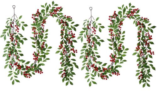 Aublinto Weihnachtsgirlande Dekoration Weihnachten Rote Beeren Rebe Adventskranz mit roten Beeren und Blätterkranz für Weihnachtsbaum DIY Handwerk Feiertage Winter Dekoration 2 Stück