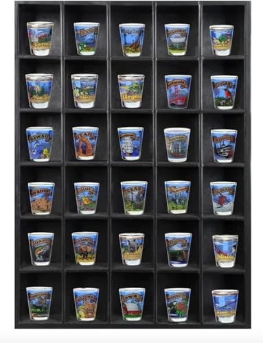 Tasse Verre 30 Shot glas hylla visningsfodral (1-pack) - stort samlarobjekt rack i trä - väggmonterad svart bar skugglåda minifigurförvaring, 42 x 31 cm
