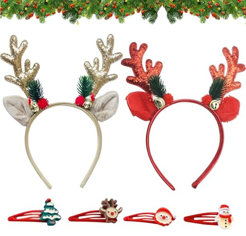 Capgoost Rentier Haarreif, 2 Stück Haarreif Weihnachten, Geweih Haarreifen, Weihnachts Haarspangen, Kopfschmuck Rentier mit Ohren, Haarschmuck Geweih Kopfschmuck für Weihnachten Fasching Karneval