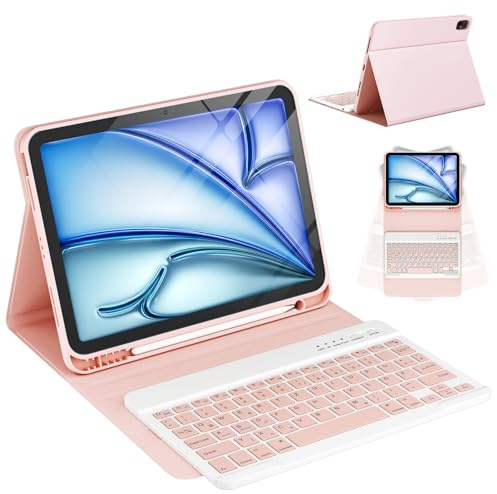 CC Store Hülle mit Tastatur für iPad Air 11 Zoll M3 2025/M2 2024,iPad Air 5/4 10.9 Zoll, ipad Pro 11 4/3/2/1Gen, Magnetisch Abnehmbare Tastatur mit Stifthalter, QWERTZ Layout, Rosa