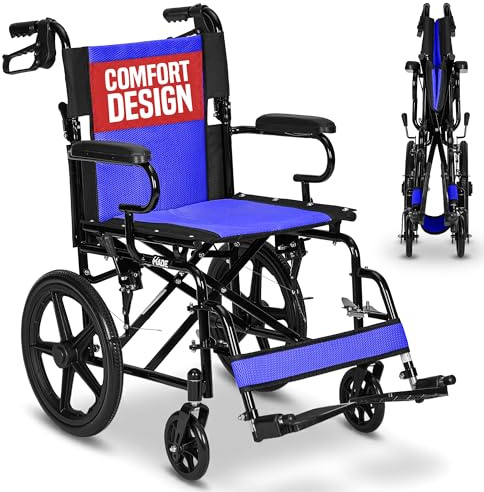 Lightweight Folding Wheelchair - Travel Friendly Foldable Transit Wheel Chair - Adjustable Footrests, Lock Lever Brakes, Dual Parking Brakes - Blue, Wide 20 Seat