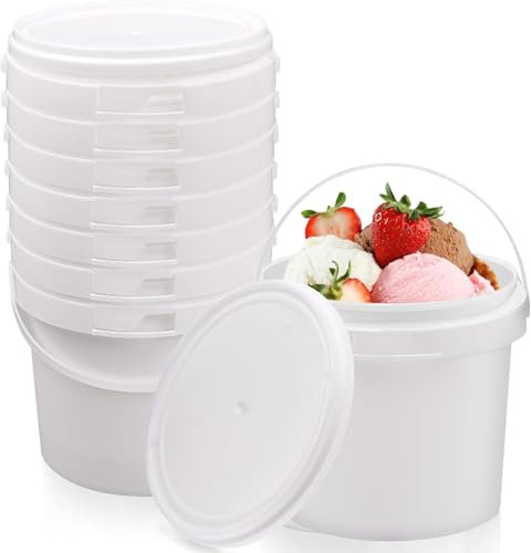 Lot de 8 petits seaux à crème glacée en plastique de 1 L avec poignée et couvercle réutilisables pour la maison, la cuisine, les boissons